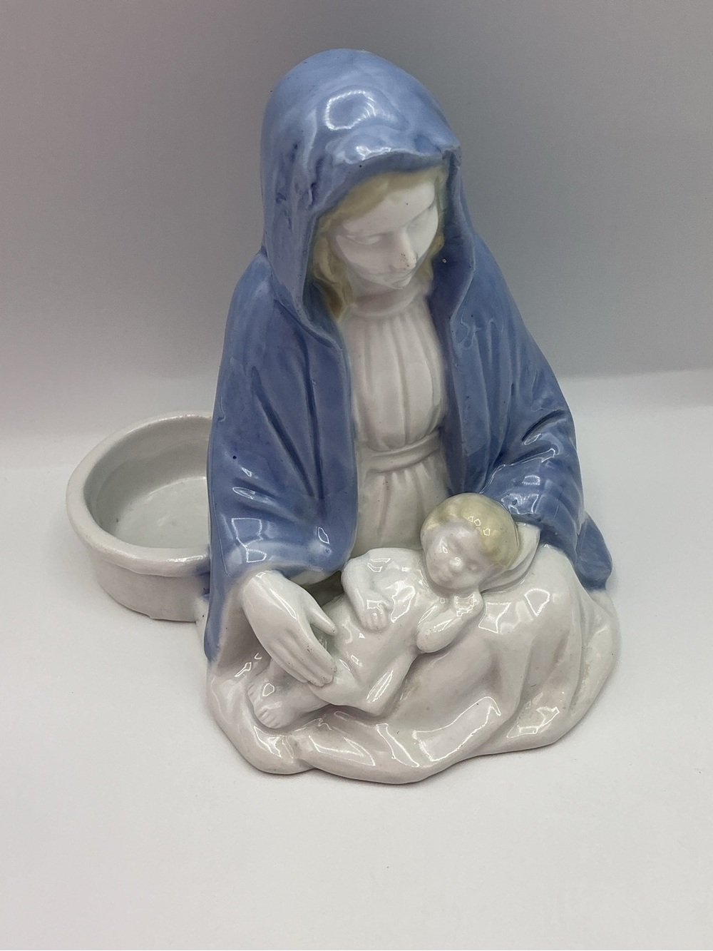Y2K Blue and White Ceramic Madonna and Child Figurine Candleholder